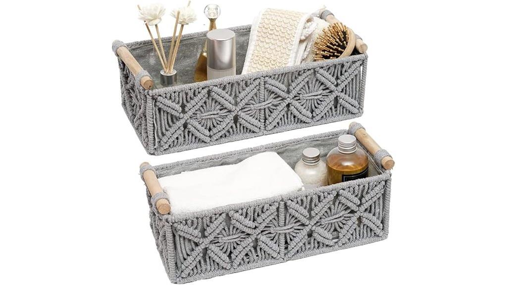 grey macrame storage baskets