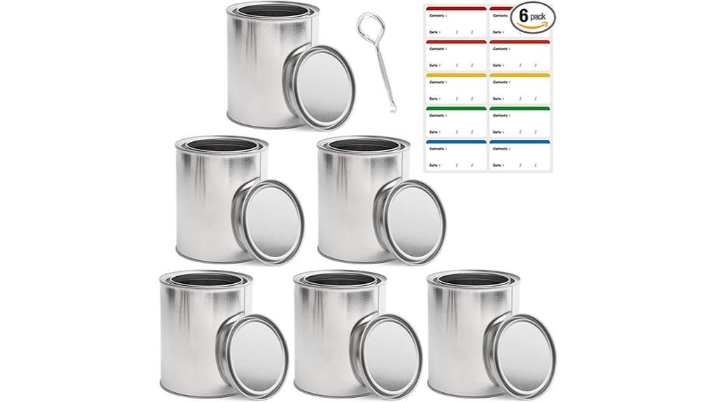 six quart sized paint cans