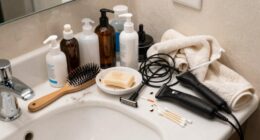 small clutter causing bathroom mess