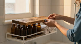 Hide Open Bathroom Shelves With One Piece Of Secondhand Wood